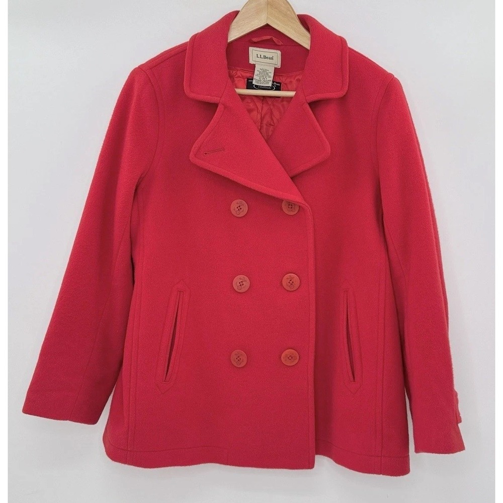 L.L.Bean Bellandi Red‎ Pea Coat Button Heavy Classic Sz 12 Pet Old Money Preppy